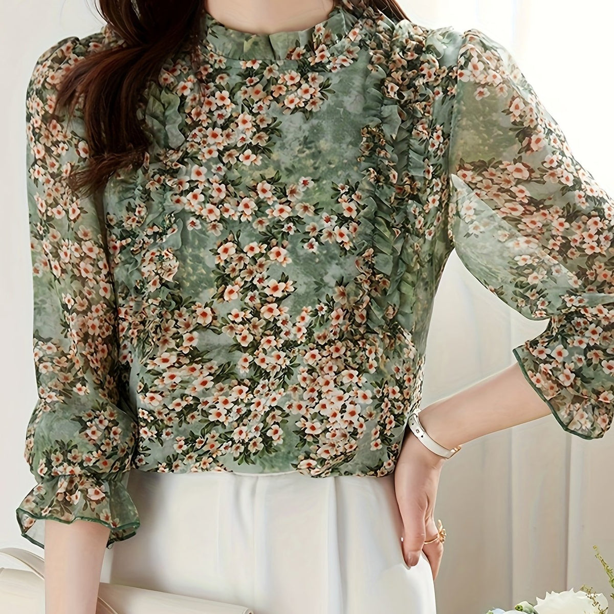 dunnmall  Floral Print Ruffle Trim Blouse, Vintage Long Sleeve Blouse For Spring & Fall, Women's Clothing