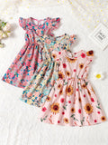 3pcs Charming Floral Midi Dresses for Girls - Crew Neck, Ruffle Sleeve, A-line, Non-Stretch Woven Fabric, Regular Fit, Perfect for Summer Vacation and Casual Wear