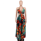 Elegant Women Floral Halter V Neck Backless Cut Out Waist Chain Sleeveless High Side Split Fit Flare Maxi Long Dresses