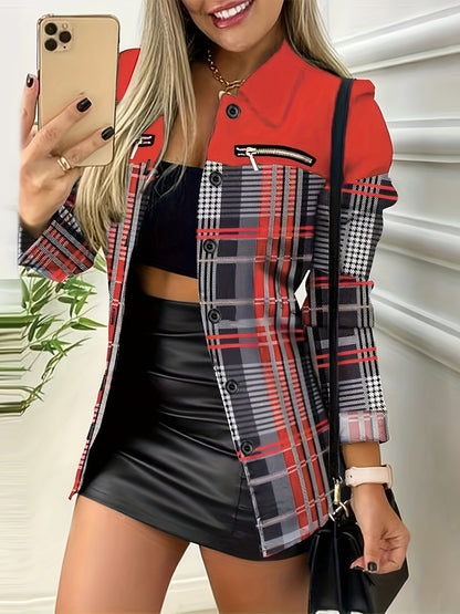 Button Front Plaid Print Lapel Jacket, Casual Long Sleeve Zipper Pocket Jacket For Fall & Winter, Women's Clothing