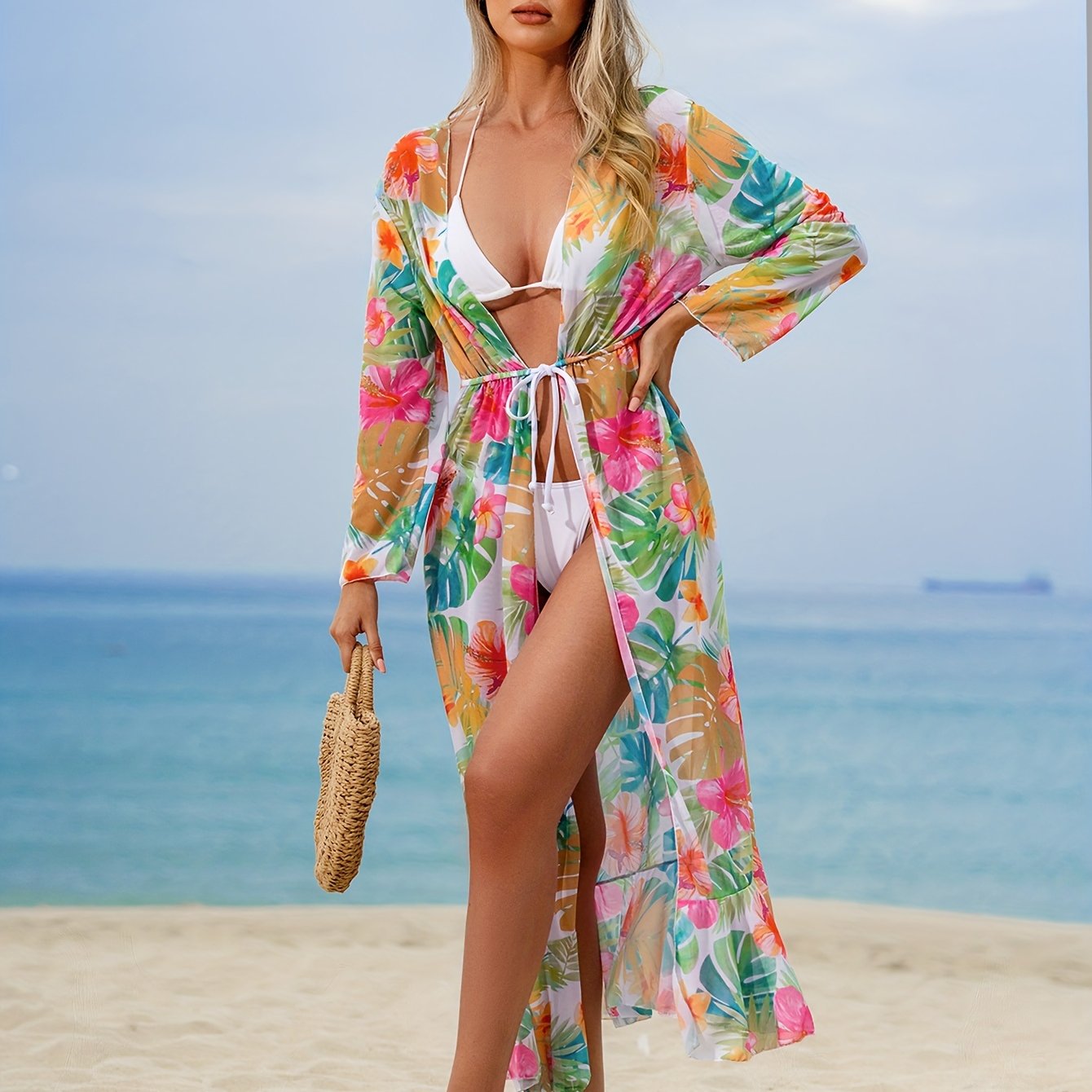 Tropical Print 3 Piece Set Bikini, Halter V Neck High Cut With Long Sleeves Cover Up Shirt Swimsuits, Women's Swimwear & Clothing