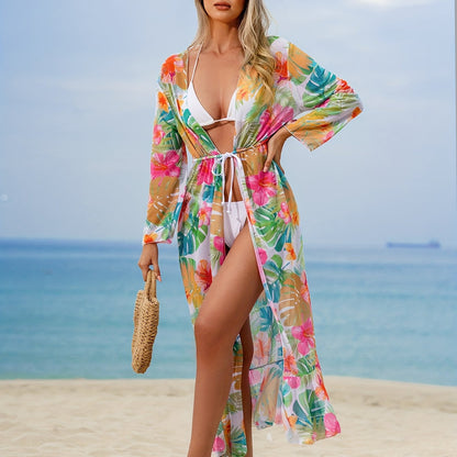 Tropical Print 3 Piece Set Bikini, Halter V Neck High Cut With Long Sleeves Cover Up Shirt Swimsuits, Women's Swimwear & Clothing