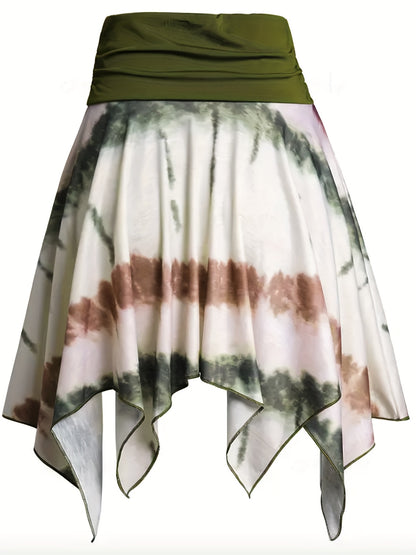 Plus Size Casual Skirt, Women's Plus Colorblock Tie Dye Asymmetric Hem High Waist Slight Stretch Pleated Skirt