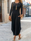 Solid Simple Maxi Dress, Casual Crew Neck Long Sleeve Dress, Women's Clothing