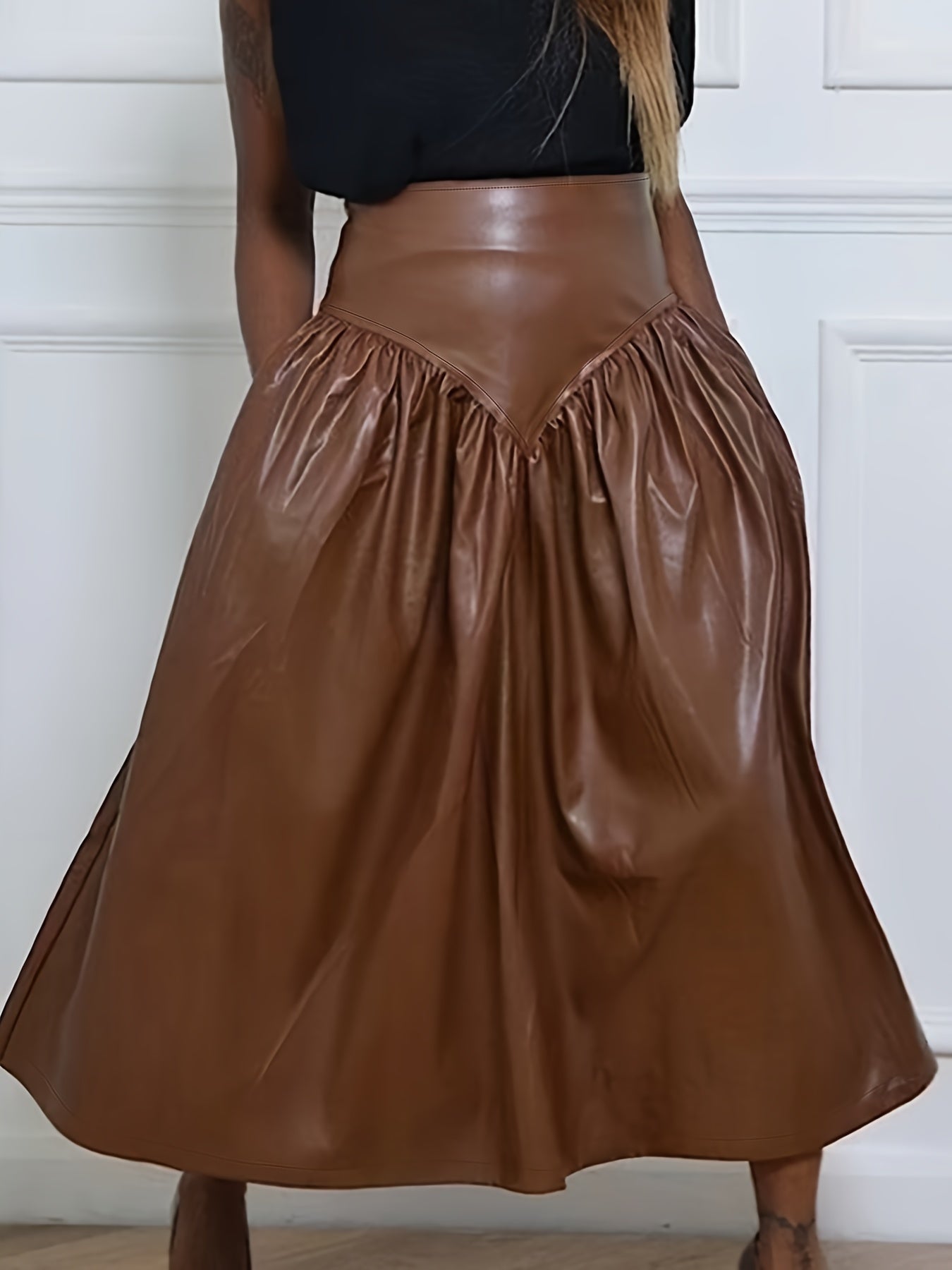 dunnmall Plus Size PU Leather Skirt, Casual Skirt For Spring & Summer, Women's Plus Size Clothing