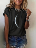 Moon Print Crew Neck T-Shirt, Casual Short Sleeve T-Shirt For Spring & Summer, Women's Clothing