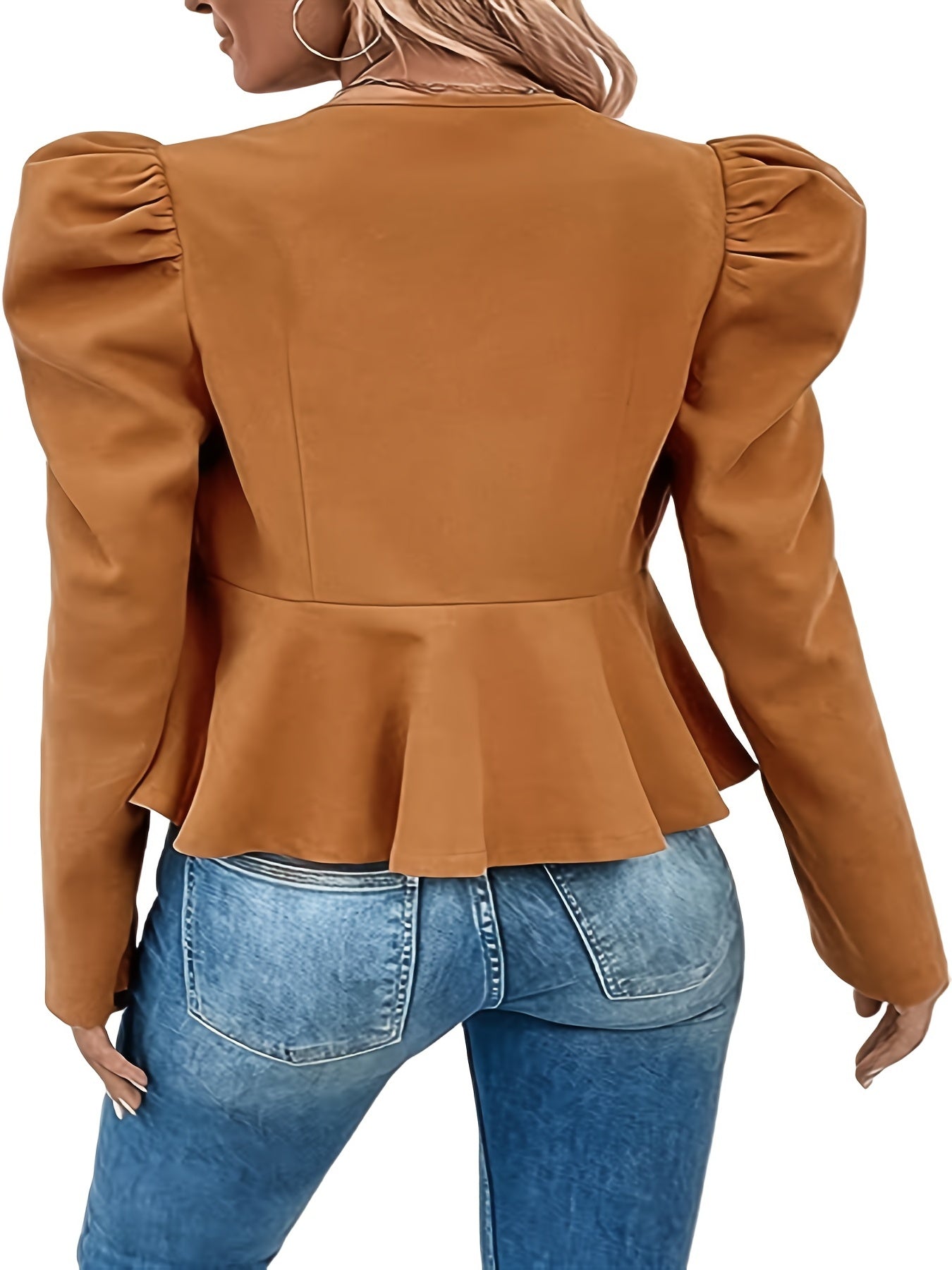 Zip Up Ruffle Hem Jacket, Casual Solid Puff Long Sleeve Outerwear, Women's Clothing