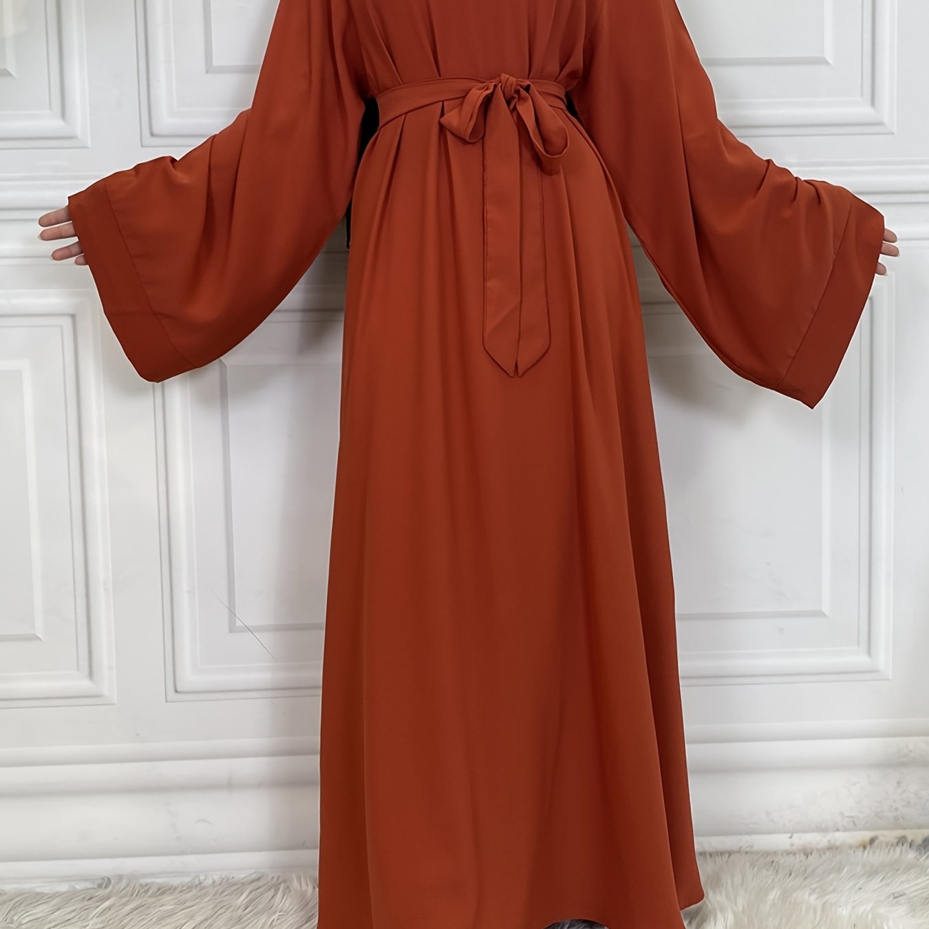 Solid Long Sleeve Tie Waist Crew Neck Dress, Elegant Ruffled Hem Maxi Dress, Women's Clothing