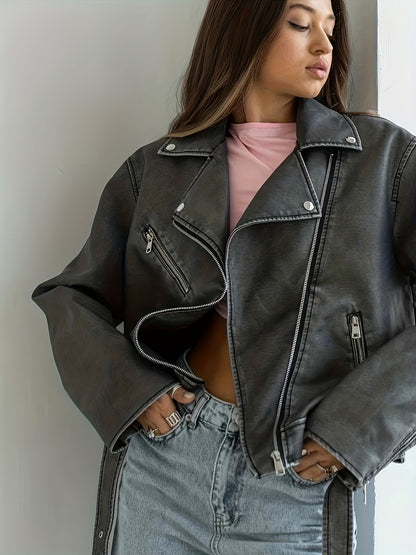 Vintage Lapel Belted Biker Jacket, Long Sleeve Slant Zipper Pockets Loose Jacket, Women's Clothing