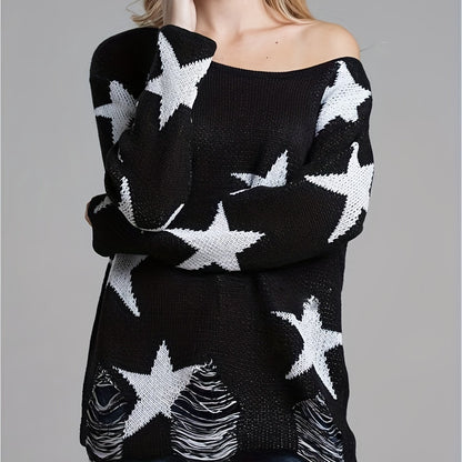 dunnmall  Stars Print Knit Sweater, Casual Ripped Long Sleeve Sweater, Women's Clothing