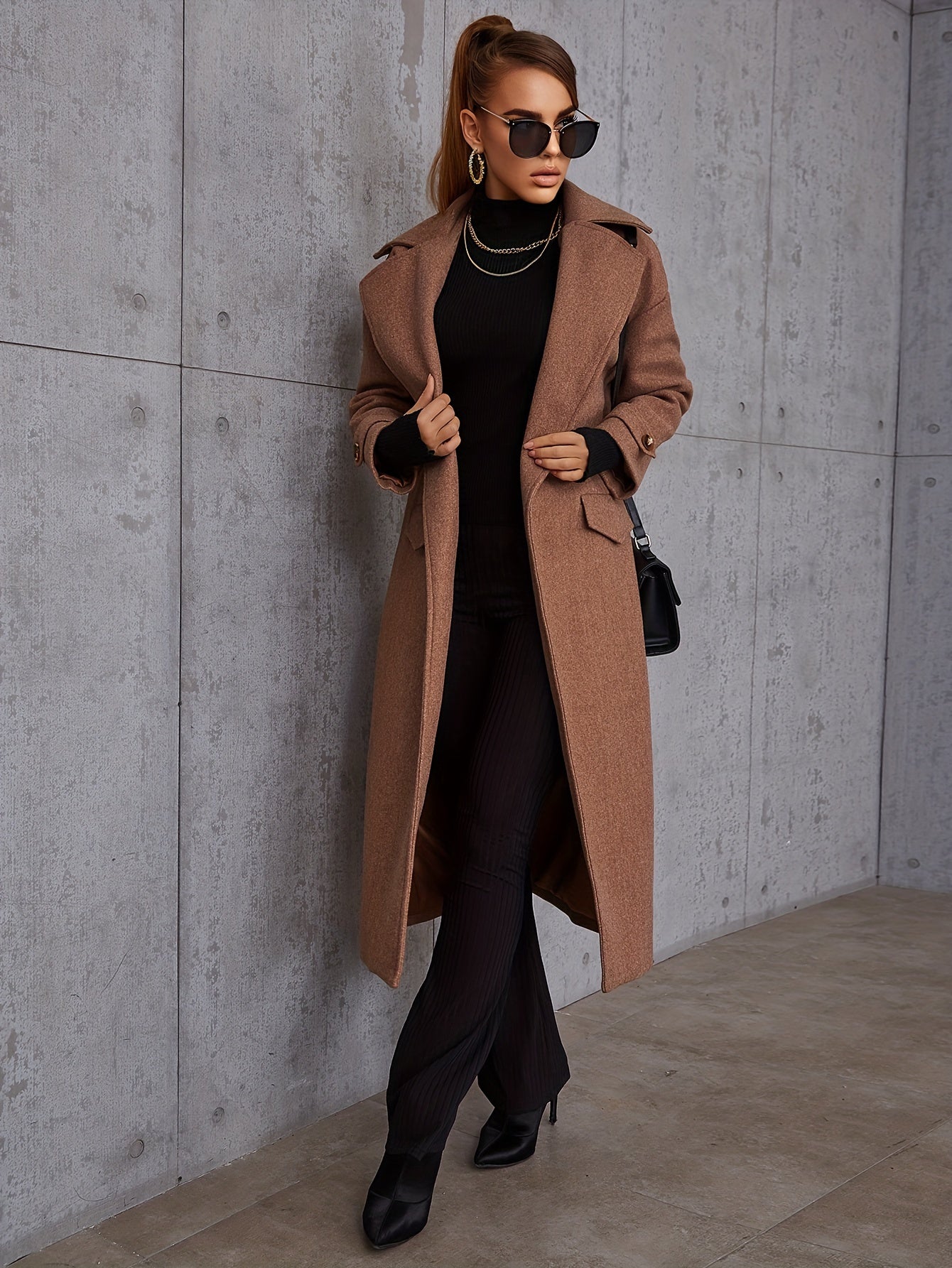 Long Length Waterfall Collar Coat, Elegant Open Front Long Sleeve Outerwear, Women's Clothing