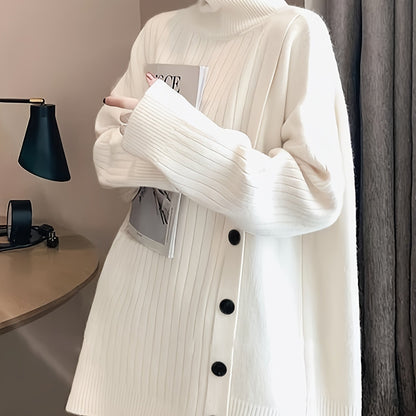 dunnmall  Solid Turtle Neck Pullover Sweater, Elegant Button Front Long Sleeve Oversized Sweater, Women's Clothing