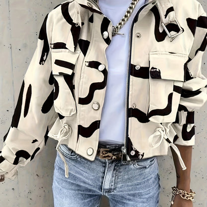 Brush Print Flap Pockets Jacket, Casual Drawstring Zipper Crop Jacket For Spring & Fall, Women's Clothing