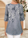 dunnmall  Floral Print V Neck T-shirt, Elegant 3/4 Sleeve Top For Spring & Summer, Women's Clothing