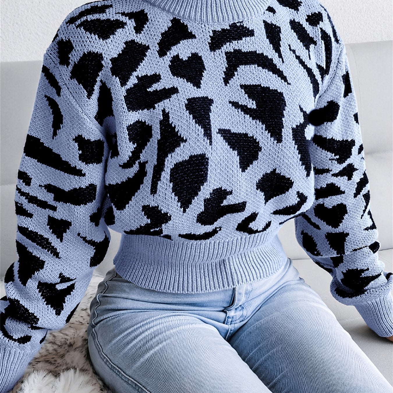 dunnmall Leopard Print Crop Sweater, Casual Crew Neck Long Sleeve Sweater, Casual Tops For Fall & Winter, Women's Clothing