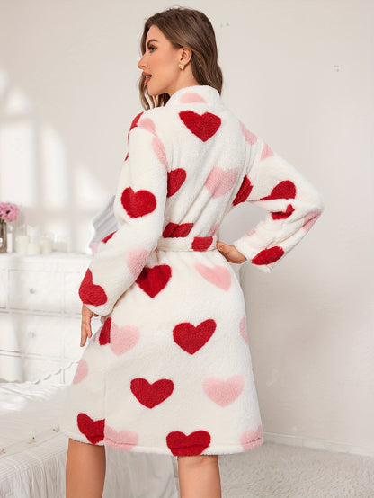 Elegant Allover Heart Pattern Fleece Thickened Night Robe For Fall & Winter, Long Sleeve V Neck Robe With Pockets, Women's Sleepwear & Dresses