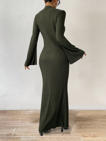 Solid Flared Sleeve Maxi Dress, Elegant Crew Neck Bodycon Dress, Women's Clothing