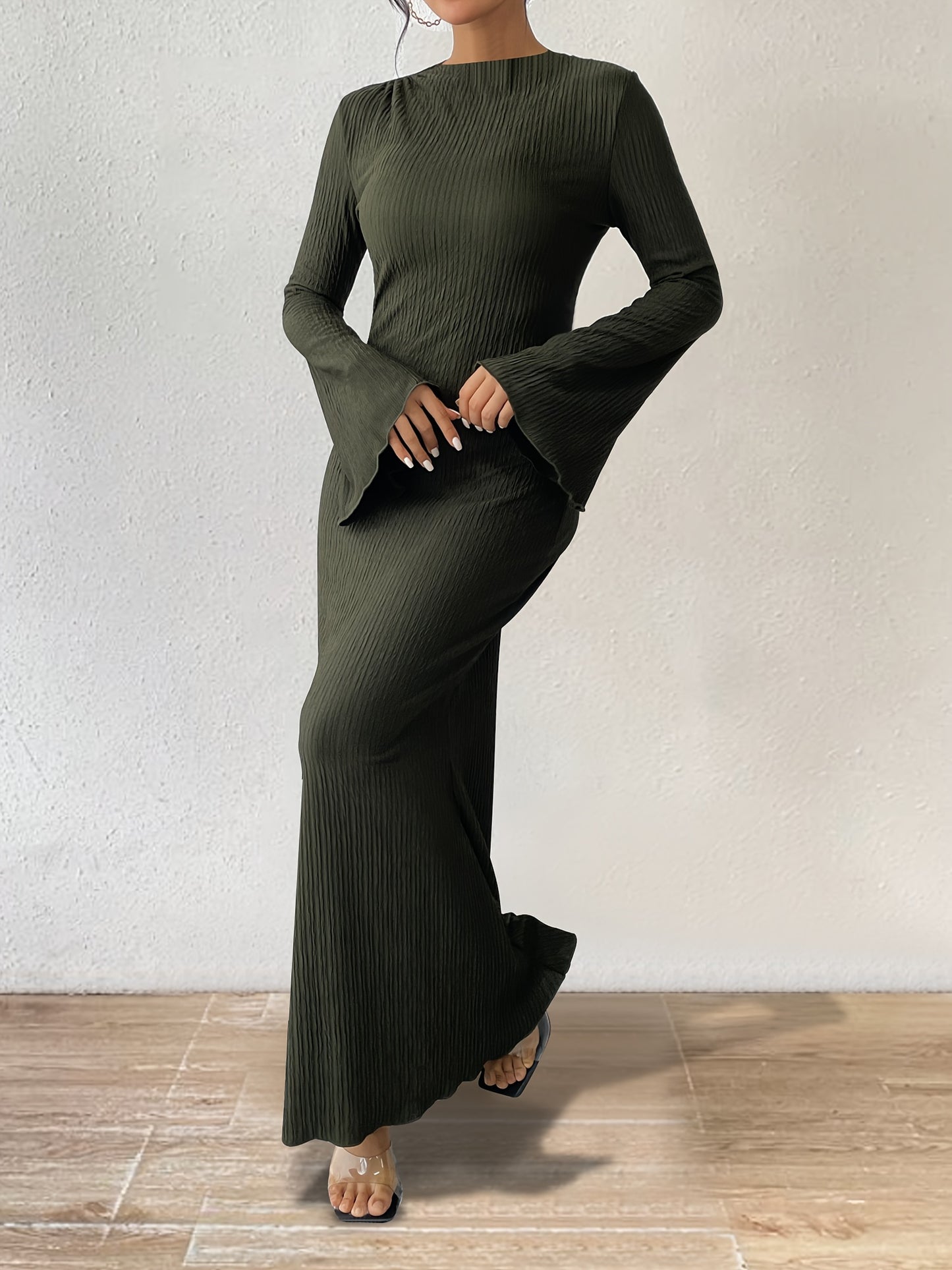 Solid Flared Sleeve Maxi Dress, Elegant Crew Neck Bodycon Dress, Women's Clothing