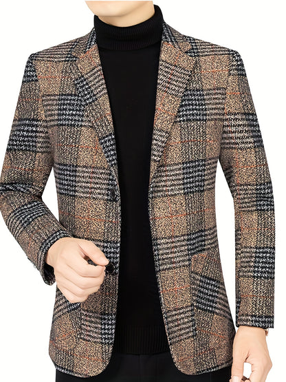 Father's Day Gift, Plaid Pattern Two Button Blazer, Men's Casual Flap Pocket Lapel Sports Coat For Spring Fall Business