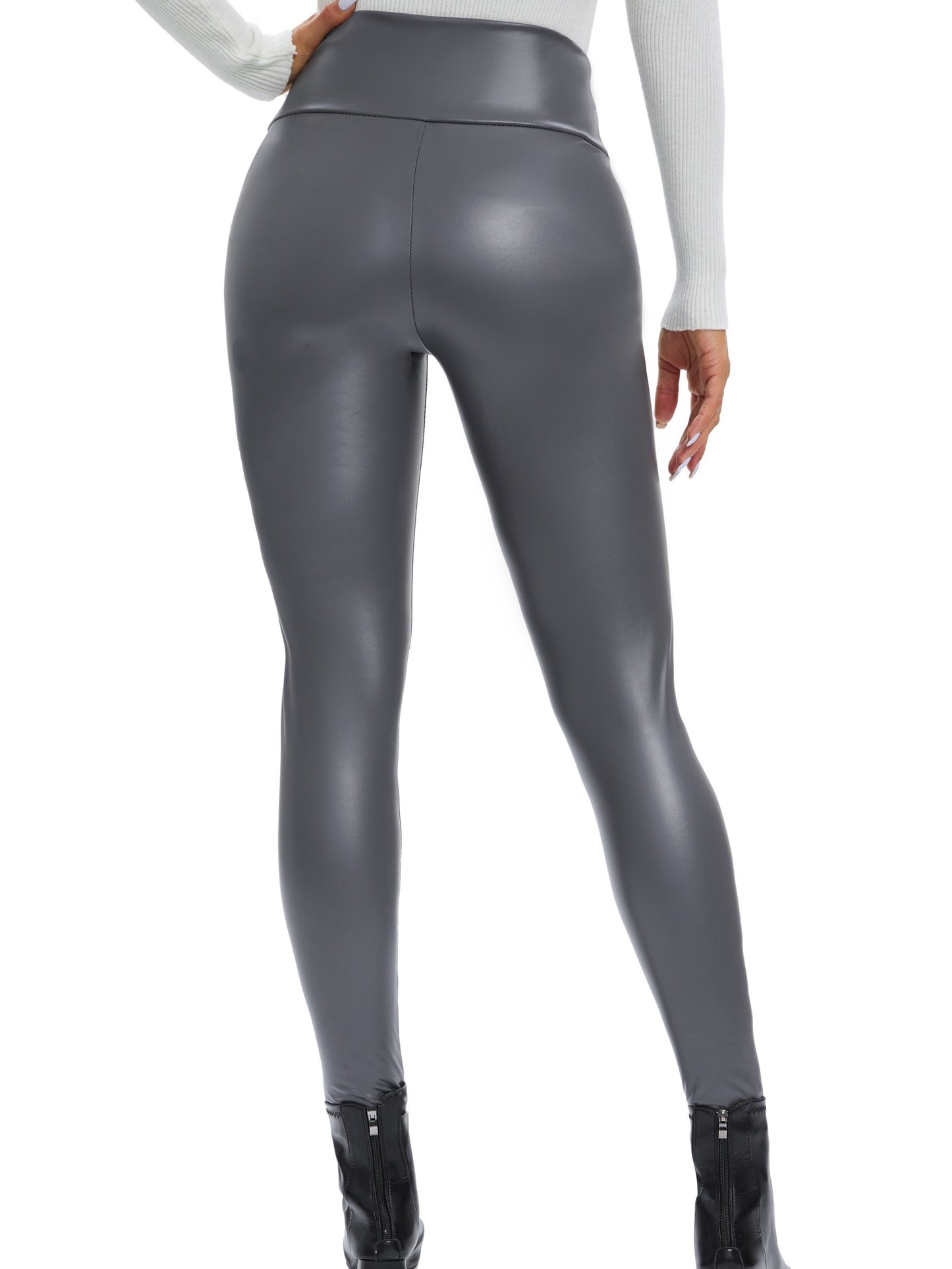 dunnmall Faux Leather Thin Fleece Liner Sports Leggings, Sexy Yoga High Waist Tight Pants, Women's Activewear