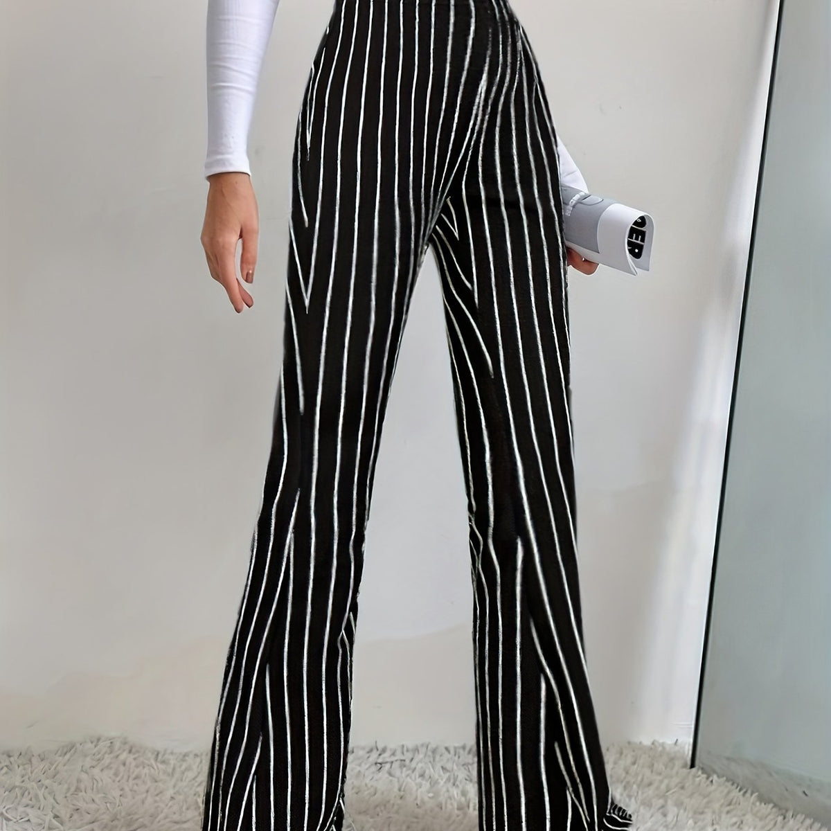 Striped Print Flared Leg Pants, Elegant Elastic Waist Slim Pants, Women's Clothing