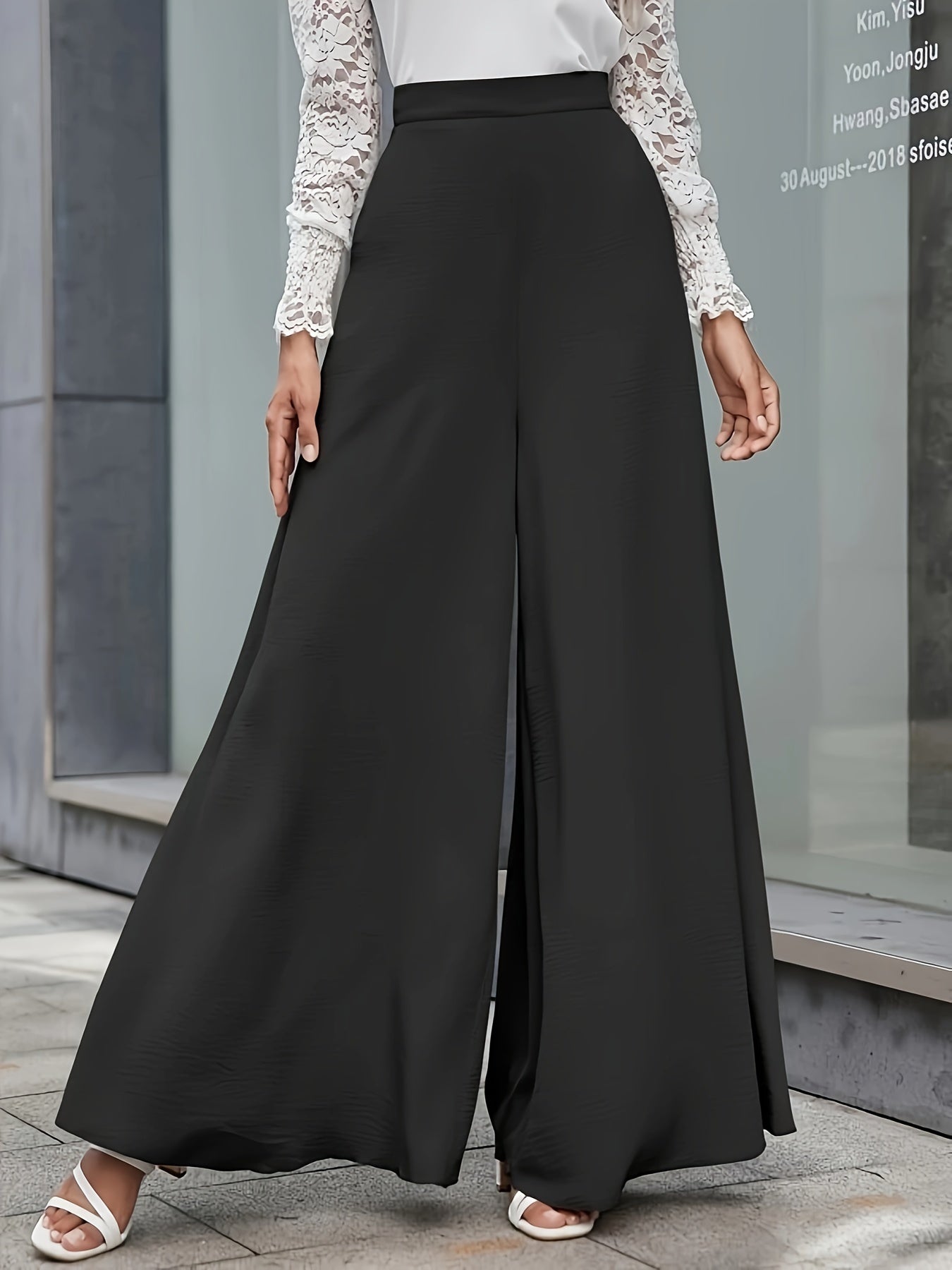 dunnmall  Solid High Waist Wide Leg Pants, Casual Floor Length Slant Pocket Pants, Women's Clothing