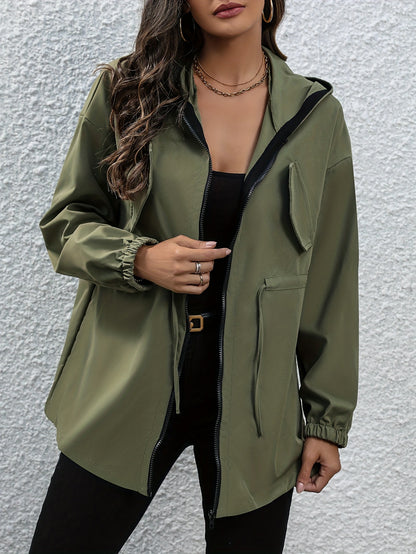 Zip Front Hooded Trench Coat, Casual Long Sleeve Coat For Fall & Winter, Women's Clothing