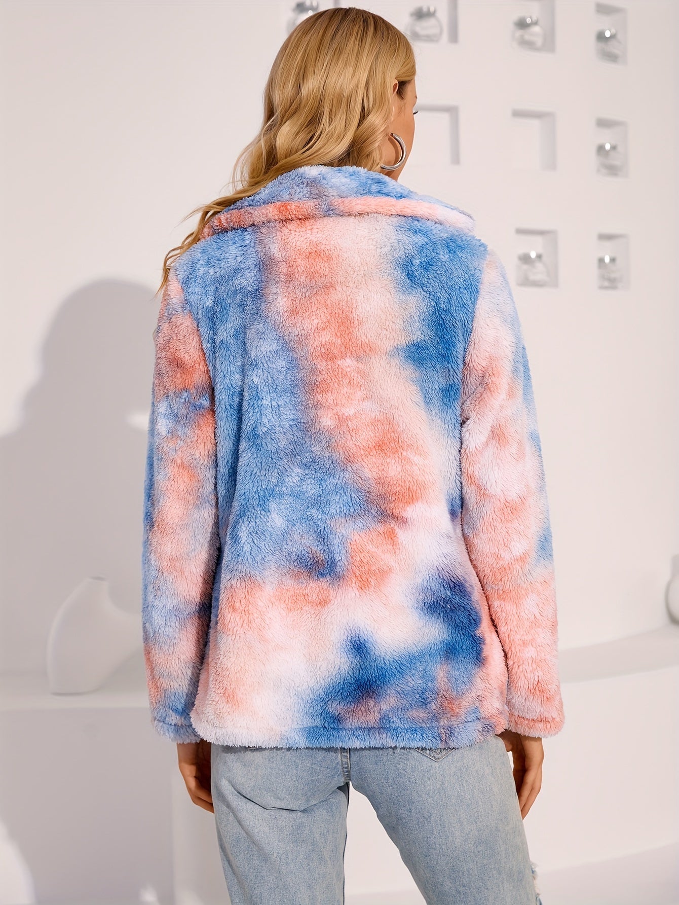 Tie Dye Fuzzy Fall & Winter Jacket, Elegant Open Front Long Sleeve Outerwear, Women's Clothing