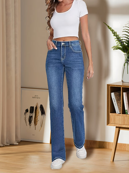 dunnmall  High Waist Warm Winter Straight Jeans, High-stretch Fleece Liner Comfortable Denim Pants, Women's Denim Jeans & Clothing