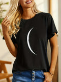 Moon Print Crew Neck T-Shirt, Casual Short Sleeve T-Shirt For Spring & Summer, Women's Clothing