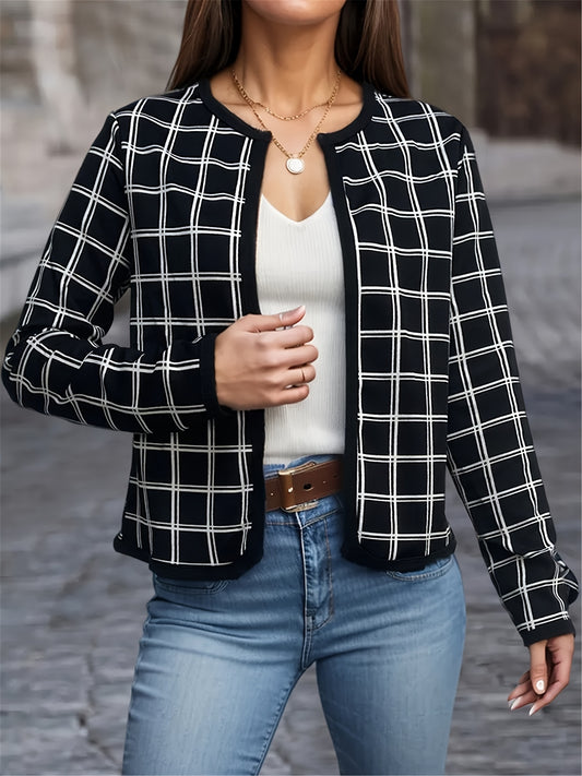 dunnmall  Plaid Open Front Jacket, Casual Long Sleeve Jacket For Spring & Fall, Women's Clothing