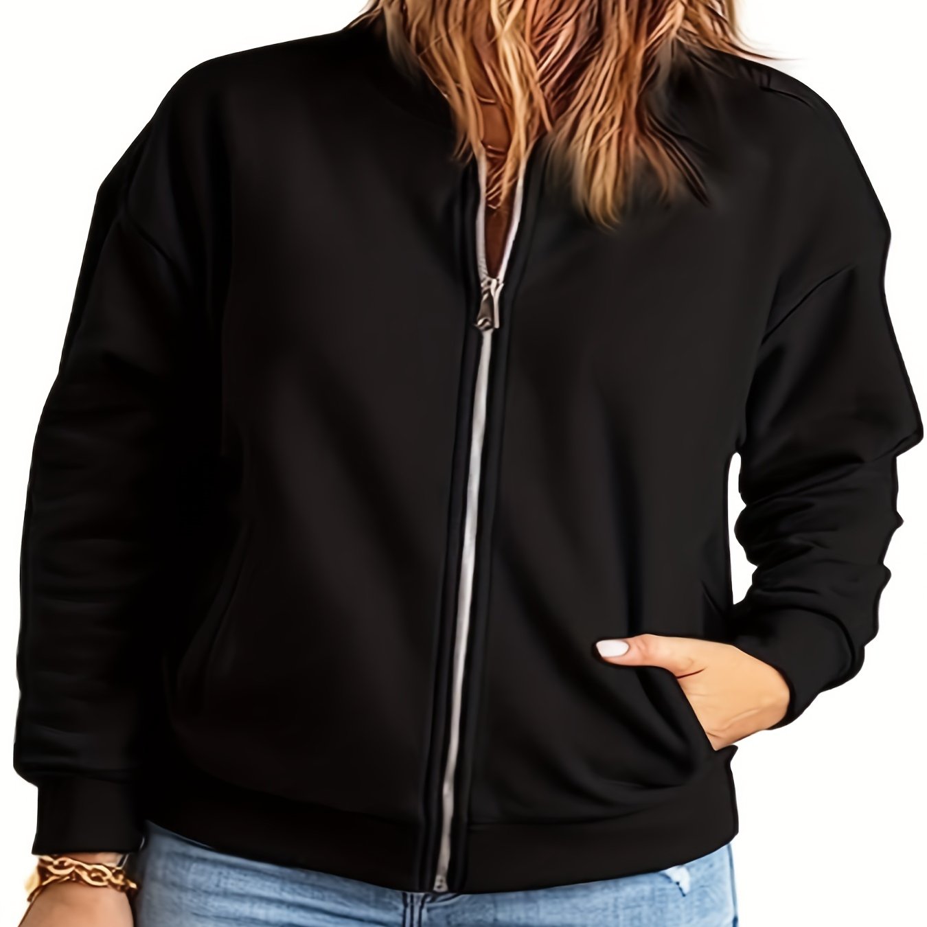 Plus Size Sporty Jacket, Women's Plus Solid Long Sleeve Zipper Jacket With Pockets