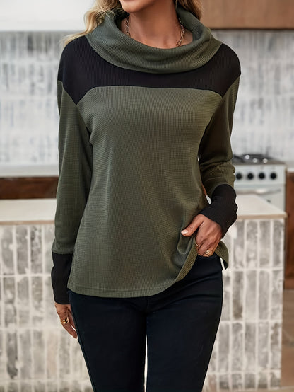 dunnmall Colorblock Cowl Neck T-Shirt, Casual Long Sleeve Top For Spring & Fall, Women's Clothing