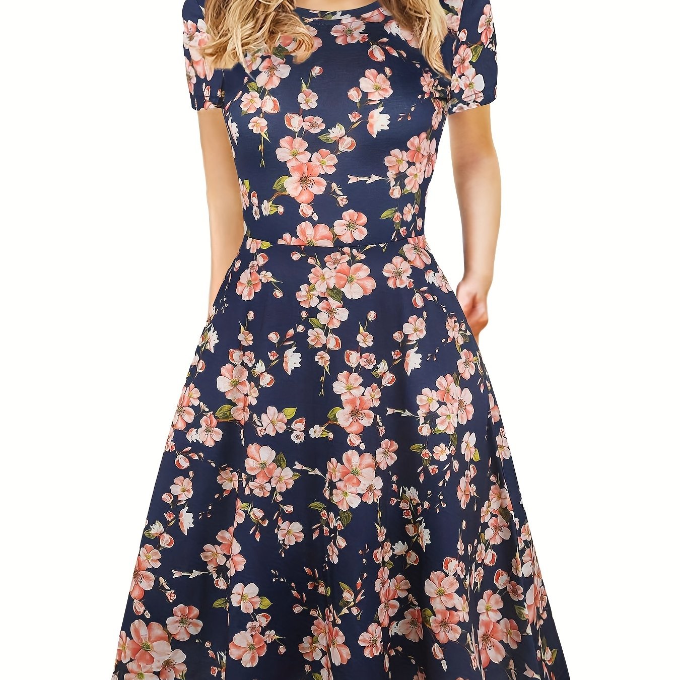 Elegant Retro A-line Dress, Short Sleeve Casual Dress For Spring & Summer, Women's Clothing