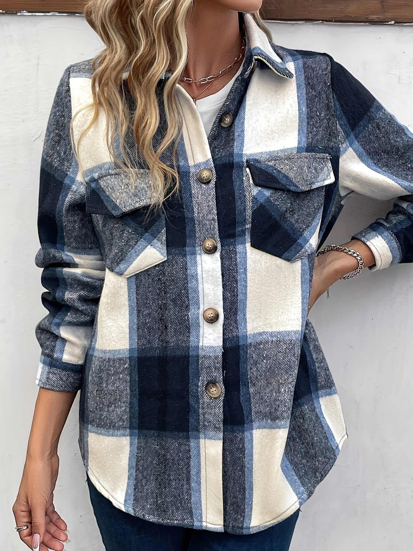 dunnmall  Plaid Button Front Jacket, Casual Lapel Long Sleeve Outwear, Women's Clothing