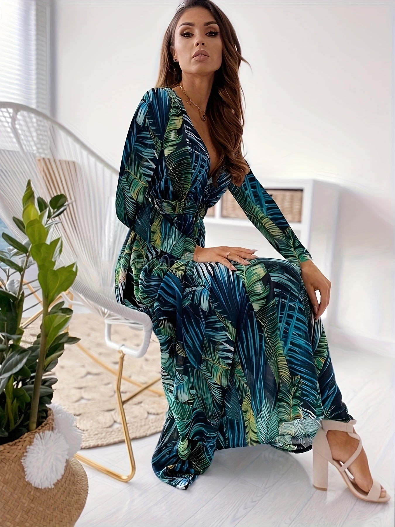 Leaf Print Long Sleeve Dress, Boho Plunge Neck Maxi Length Dress, Women's Clothing