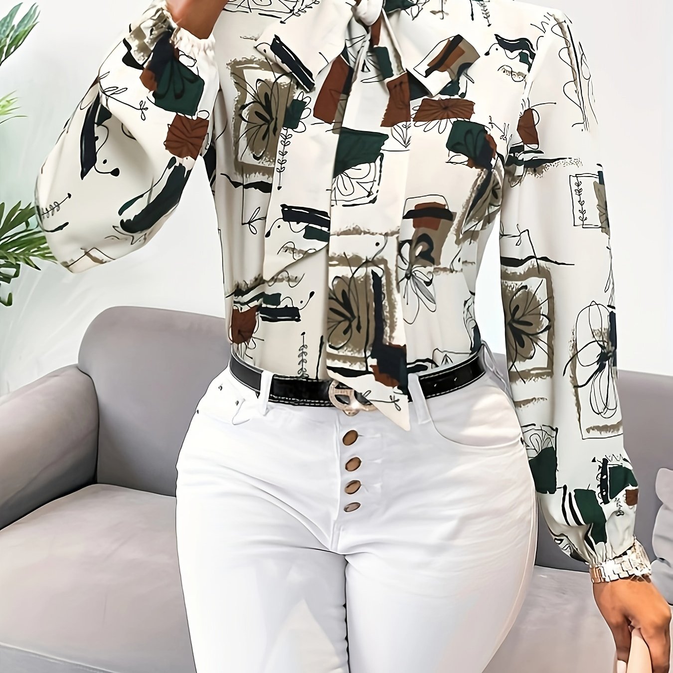 Abstract Print Tie Neck Blouse, Casual Long Sleeve Work Office Blouse, Women's Clothing