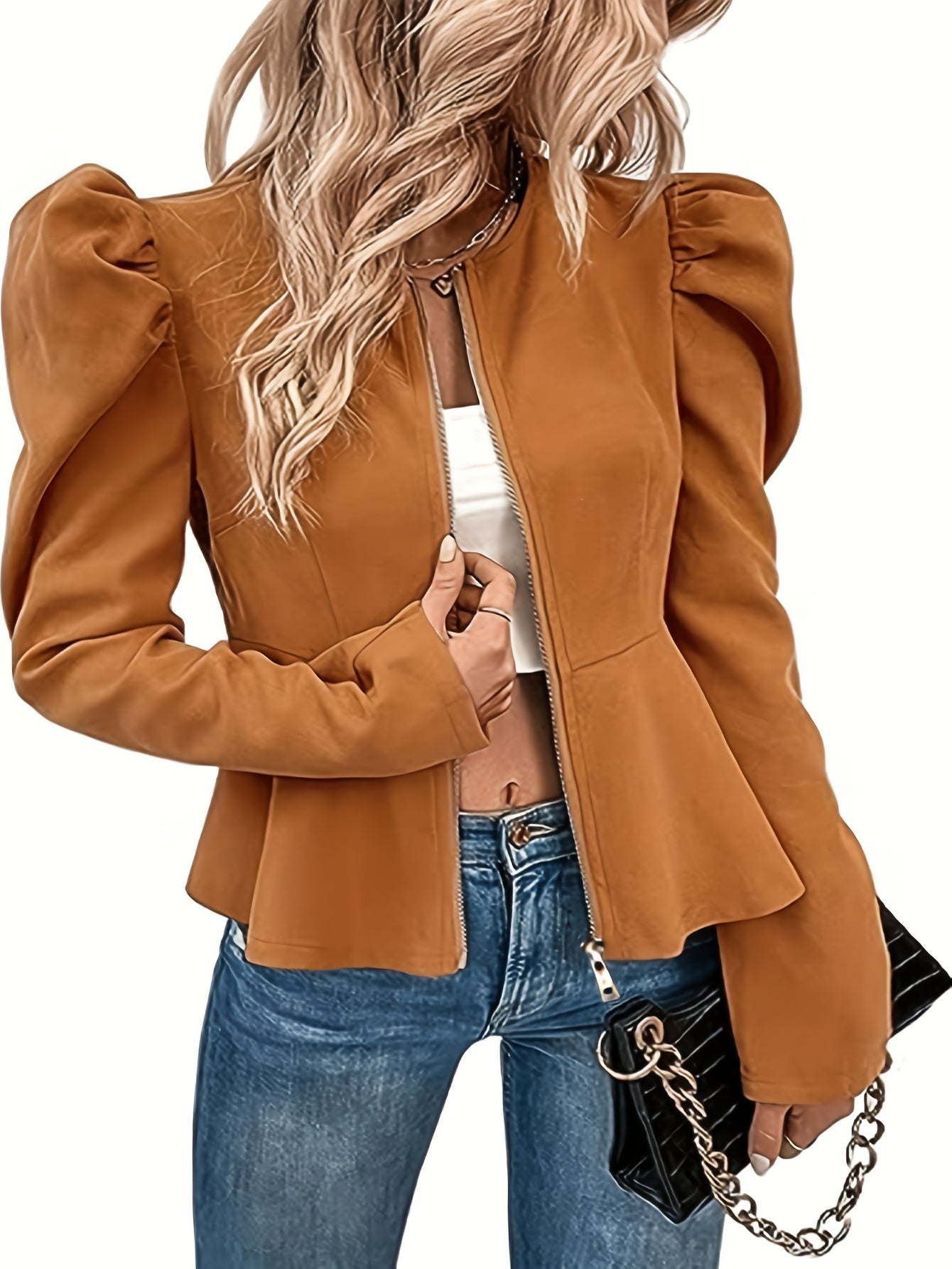 Zip Up Ruffle Hem Jacket, Casual Solid Puff Long Sleeve Outerwear, Women's Clothing