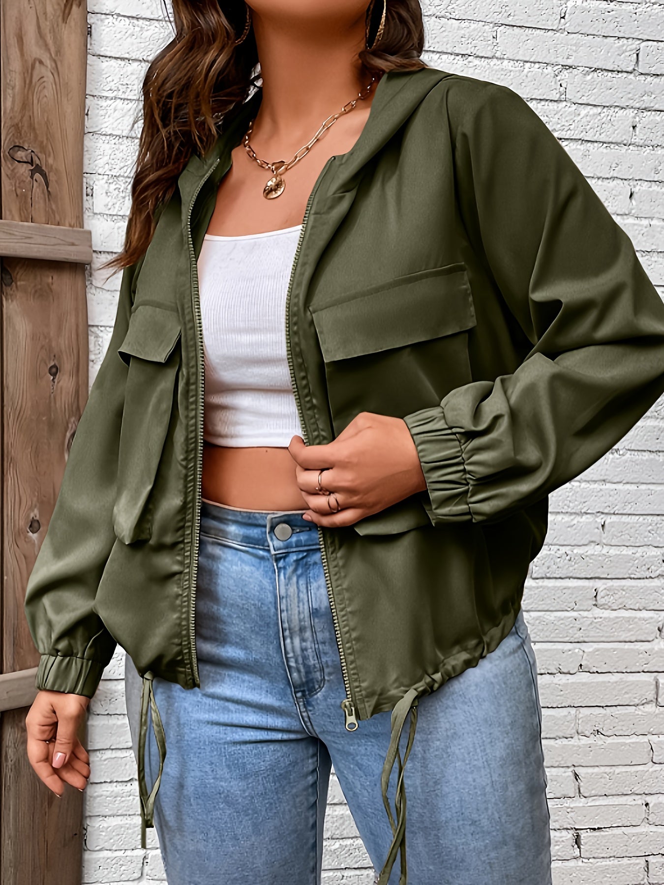 Plus Size Casual Jacket, Women's Plus Solid Long Sleeve Zipper Hooded Drawstring Jacket With Flap Pockets