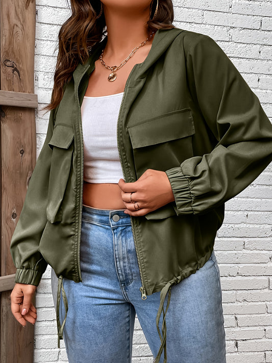 Plus Size Casual Jacket, Women's Plus Solid Long Sleeve Zipper Hooded Drawstring Jacket With Flap Pockets