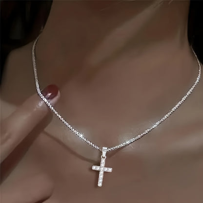 925 Sterling Silver Fashion Youth Plated Chain Cross Pendant Star Glitter Hypoallergenic Necklace, Elegant Temperament Cool Versatile Jewelry Perfect Gifts For Women