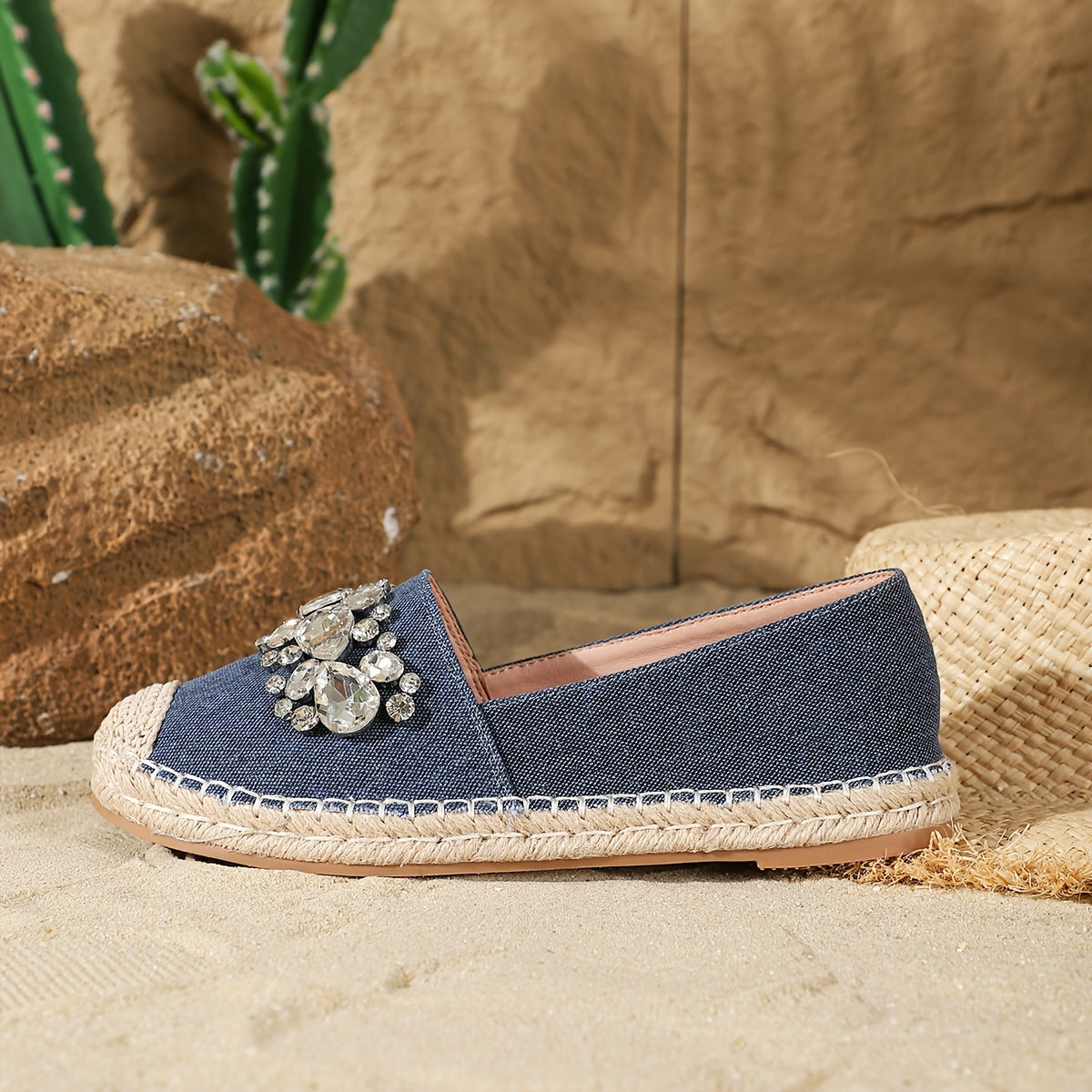 Womens Sparkling Rhinestone Denim Espadrilles - Comfortable Slip-on Loafers for Beach Vacations - Stylish Casual Fisherman Shoes, Resort Chic Style