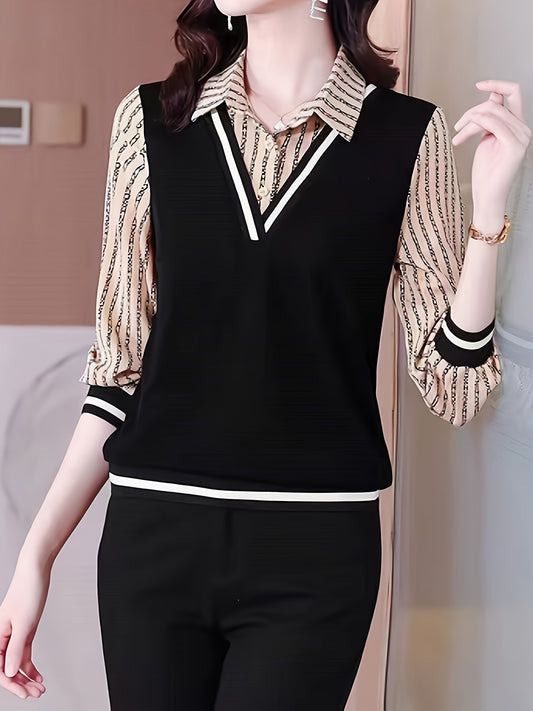 xieyinshe Striped Print Stitching Blouse, Elegant Long Sleeve Collar Blouse, Women's Clothing