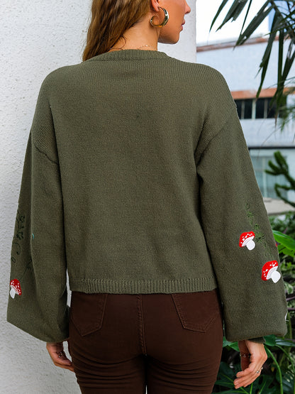 Mushroom Embroidery Knit Cardigan, Cute Button Front Long Sleeve Sweater, Women's Clothing