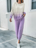 Ombre Casual Knitted Two-piece Set, Long Sleeve Sweater & Drawstring Waist Pants Outfits, Women's Clothing