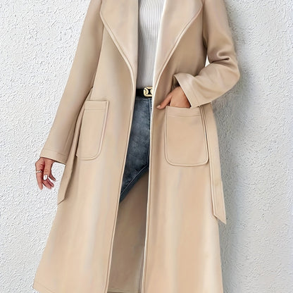 Plus Size Casual Coat, Women's Plus Solid Long Sleeve Open Front Lapel Collar Woolen Coat With Pockets