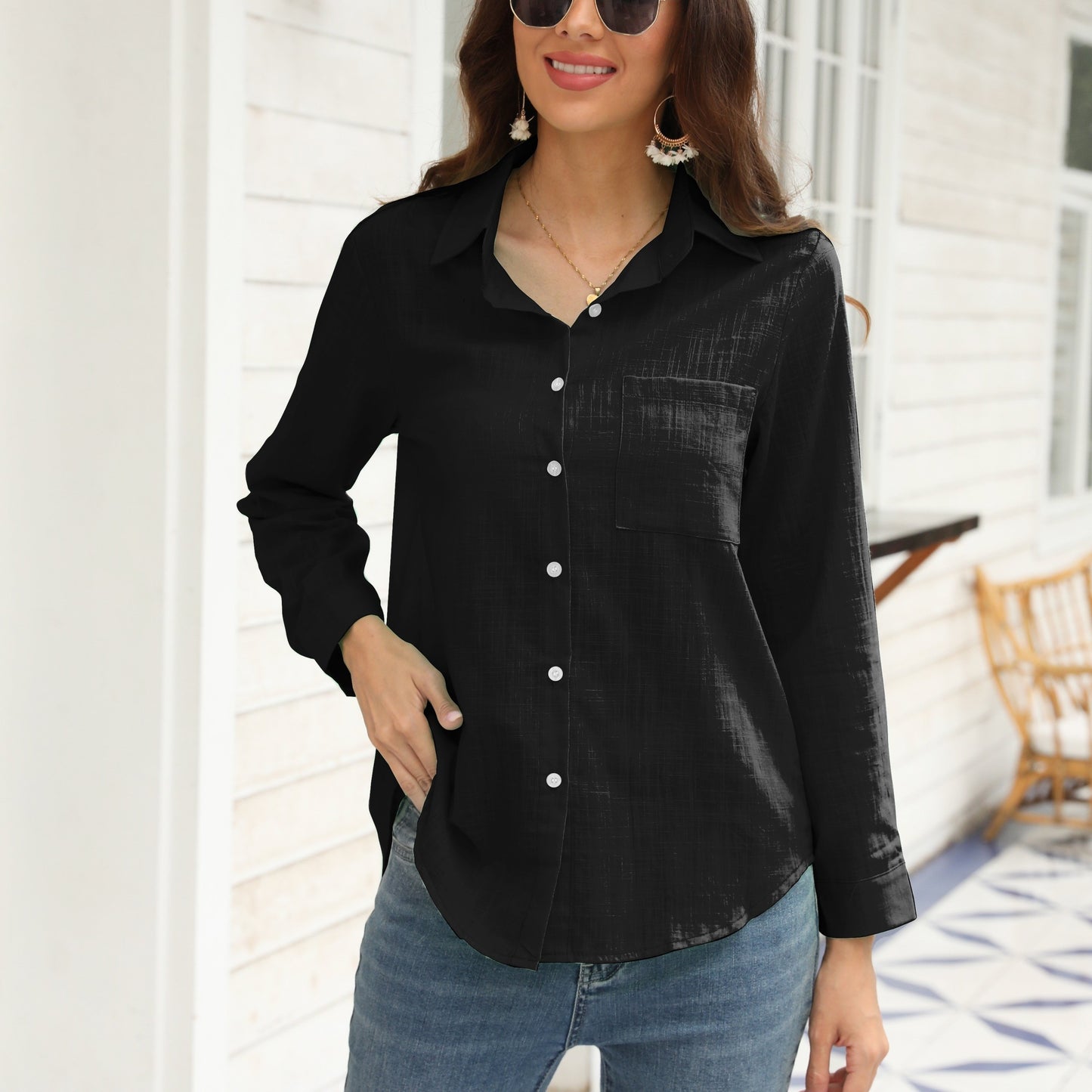 Long Sleeve Button Up Shirt, Pocket Casual Every Day Top For Spring & Fall, Women's Clothing