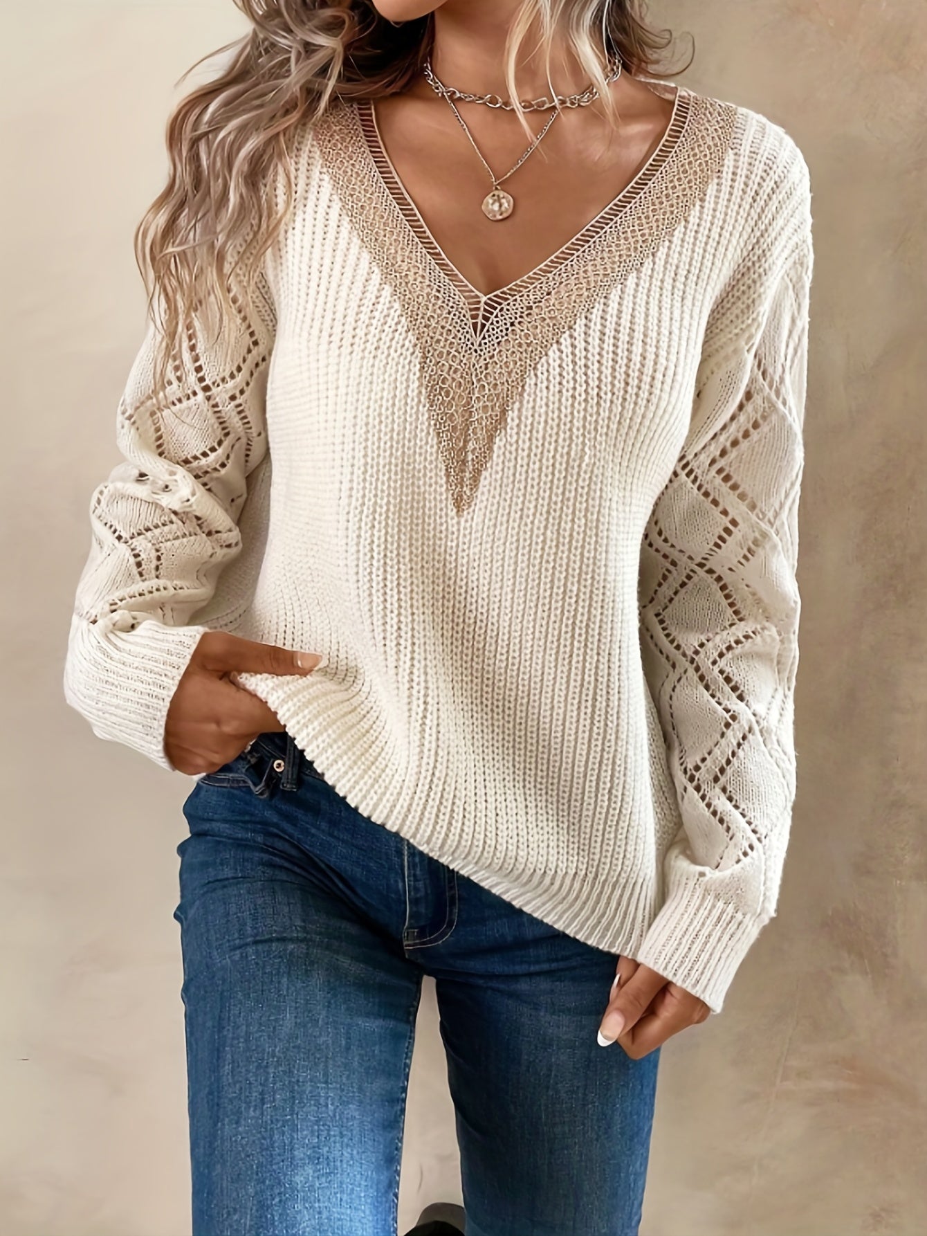 dunnmall  Hollow Guipure Lace Knit Sweater, Casual V Neck Long Sleeve Sweater, Women's Clothing