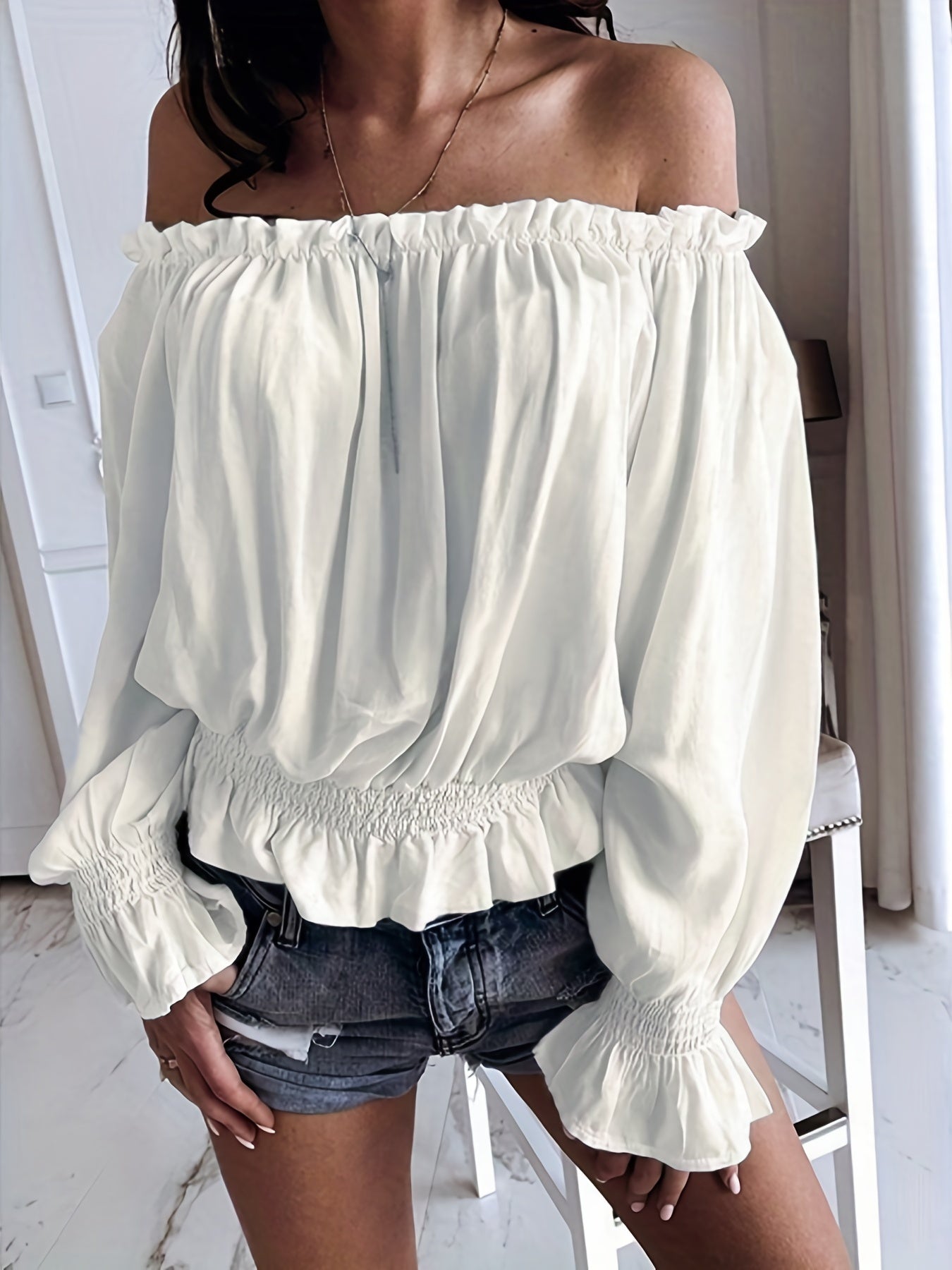 Off Shoulder Ruffle Trim Blouse, Casual Long Sleeve Blouse For Spring & Fall, Women's Clothing