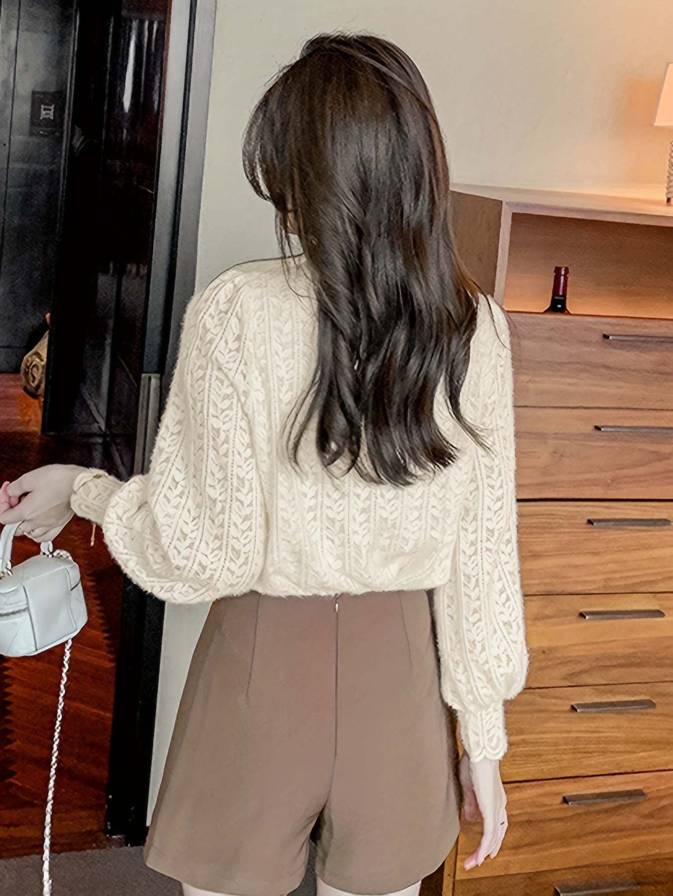 xieyinshe Button Front Textured Blouse, Chic Long Sleeve Top For Spring & Fall, Women's Clothing